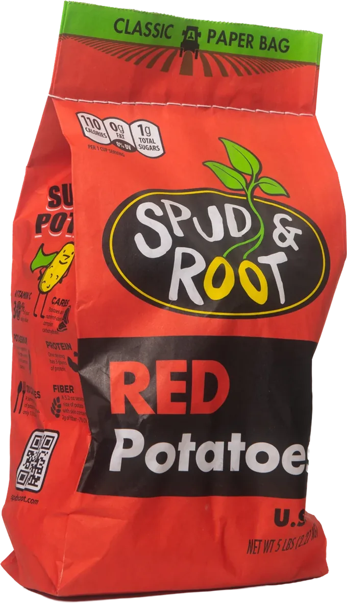 A 5 lb classic paper bag of Spud & Root Red Potatoes.