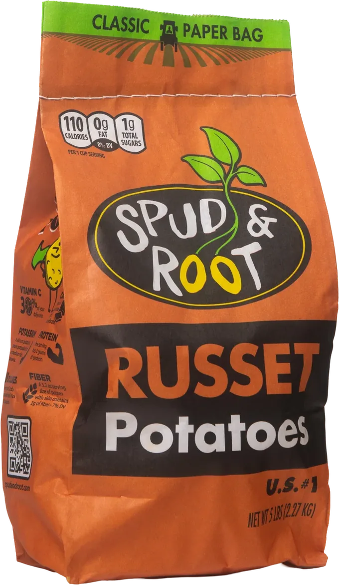 A 5 lb classic paper bag of Spud & Root Russet Potatoes.