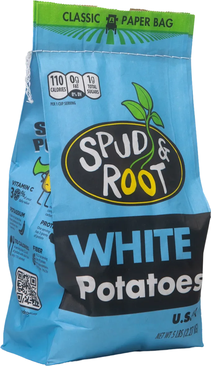A 5 lb classic paper bag of Spud & Root White Potatoes.