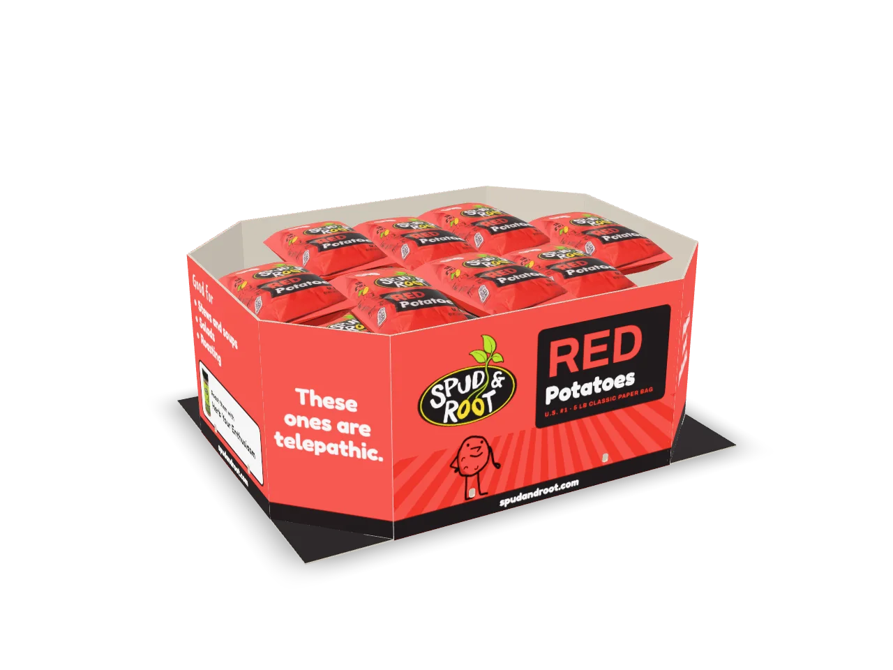 A Spud & Root potato bin in red, full of five-pound bags of Red Potatoes.