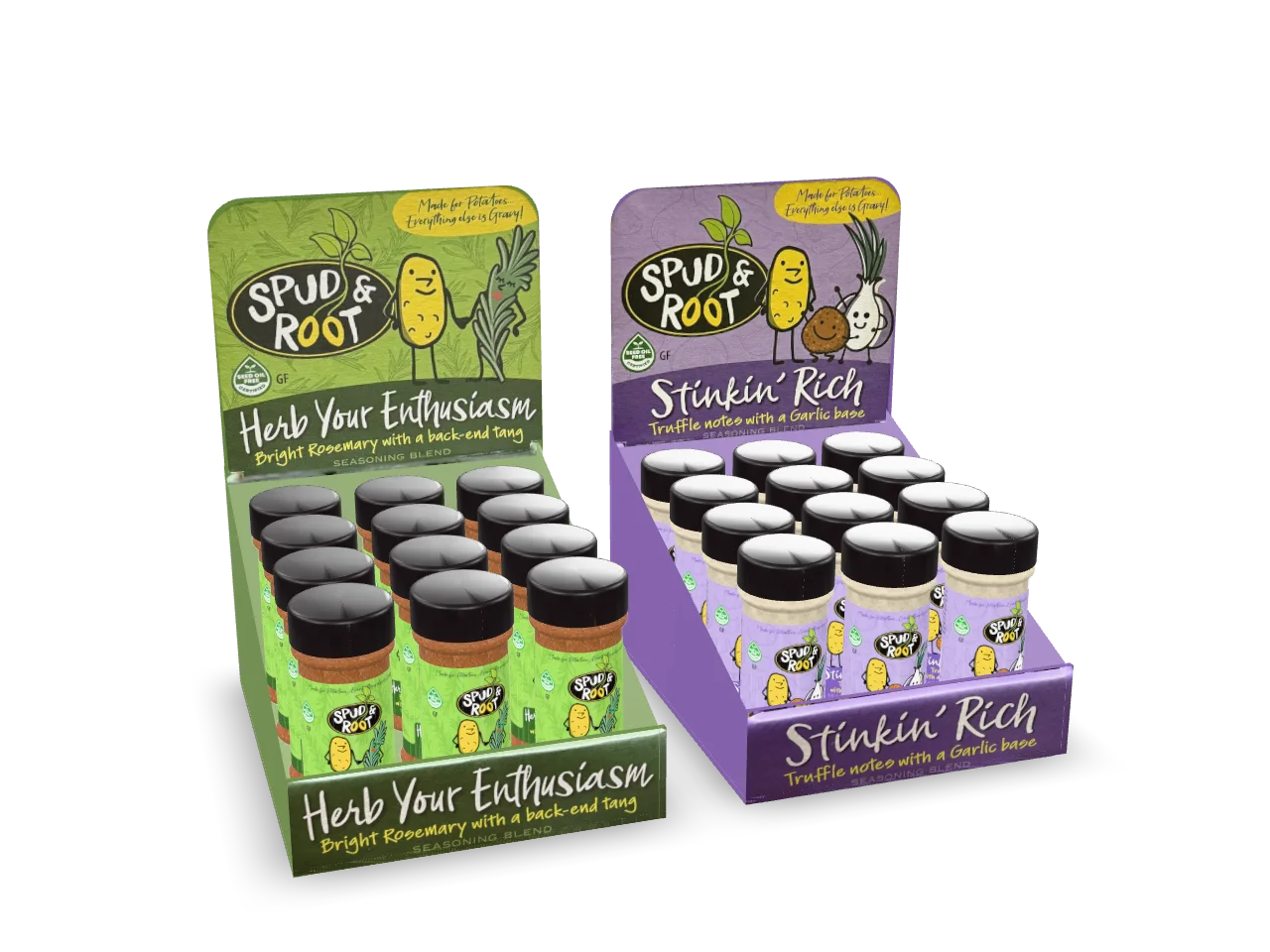 The two 12-jar shelf displays, Herb Your Enthusiasm and Stinkin' Rich, side by side.